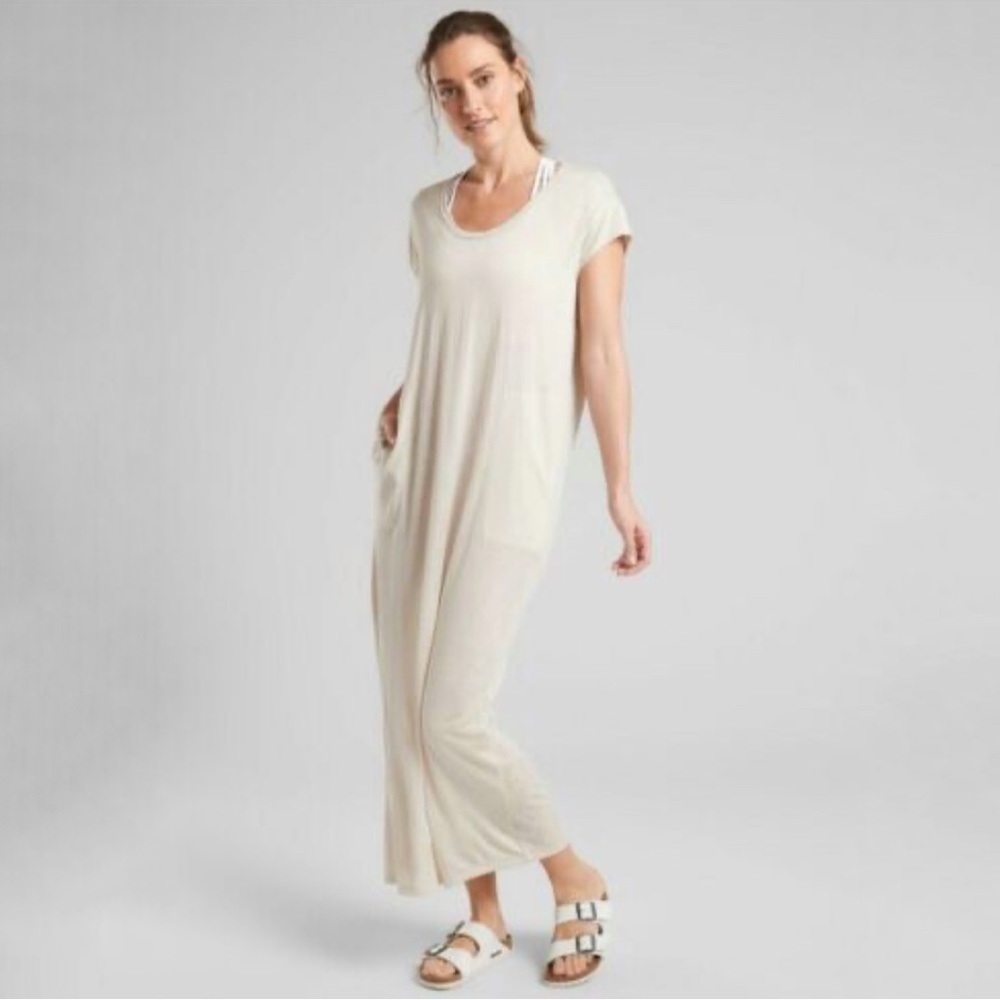 Athleta Martinique Relaxed Maxi Dress Slub Knit Aged White XXS-S Beach Resort
